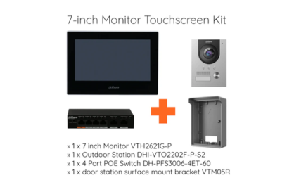 Dahua Intercom Kit Black 7-inch Touch Screen Monitor, Outdoor Station, 4 Port PoE Switch and Door Station Surface Mount Bracket KIT-DHI-7INBLK2202F-P