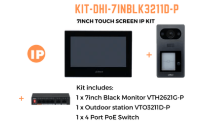 Dahua Intercom Kit Black 7-inch Touch Screen Monitor, Outdoor Station and 4 Port PoE Switch KIT-DHI-7INBLK3211D-P