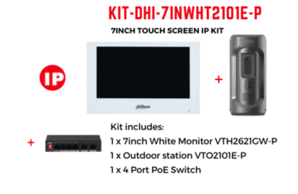 Dahua Intercom Kit White 7-inch Touch Screen Monitor, Outdoor Station and 4 Port PoE Switch KIT-DHI-7INWHT2101E-P