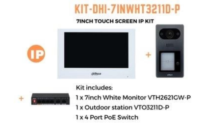 Dahua Intercom Kit White 7-inch Touch Screen, Outdoor Station and 4 Port PoE Switch KIT-DHI-7INWHT3211D-P
