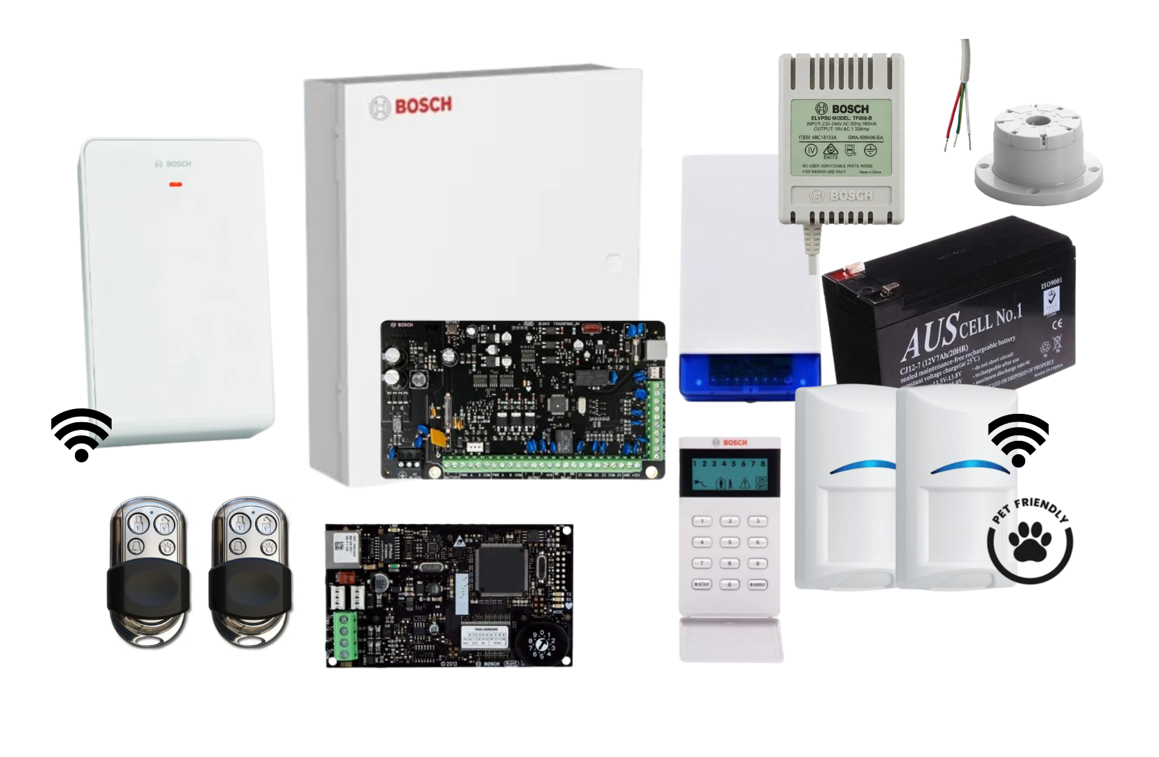Bosch Solution 3000 IP Alarm Kit with LCD Icon Keypad, 2 x Wireless Tri-Tech Pet Proof PIRs and HCT4UL Remotes Product vendor