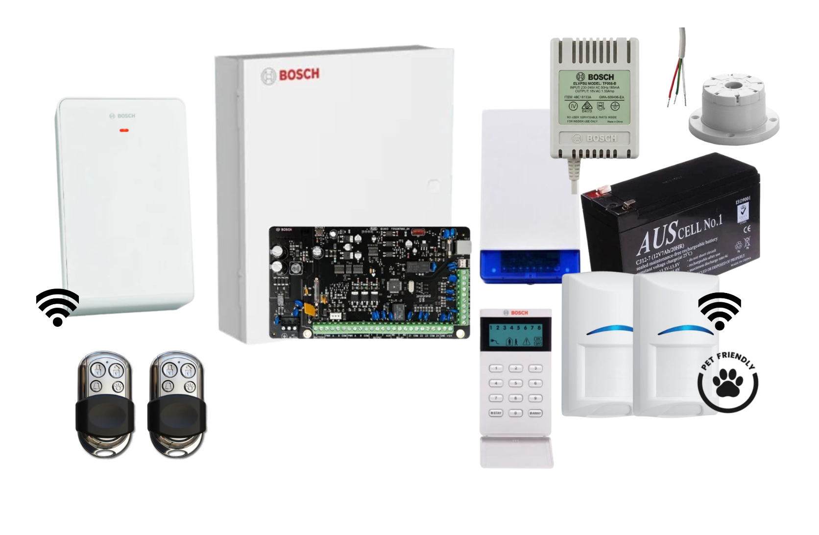 Bosch Solution 3000 Alarm Kit with LCD Icon Keypad, 2 x Wireless Tri-Tech Pet Proof PIRs and HCT4UL Remotes Product vendor