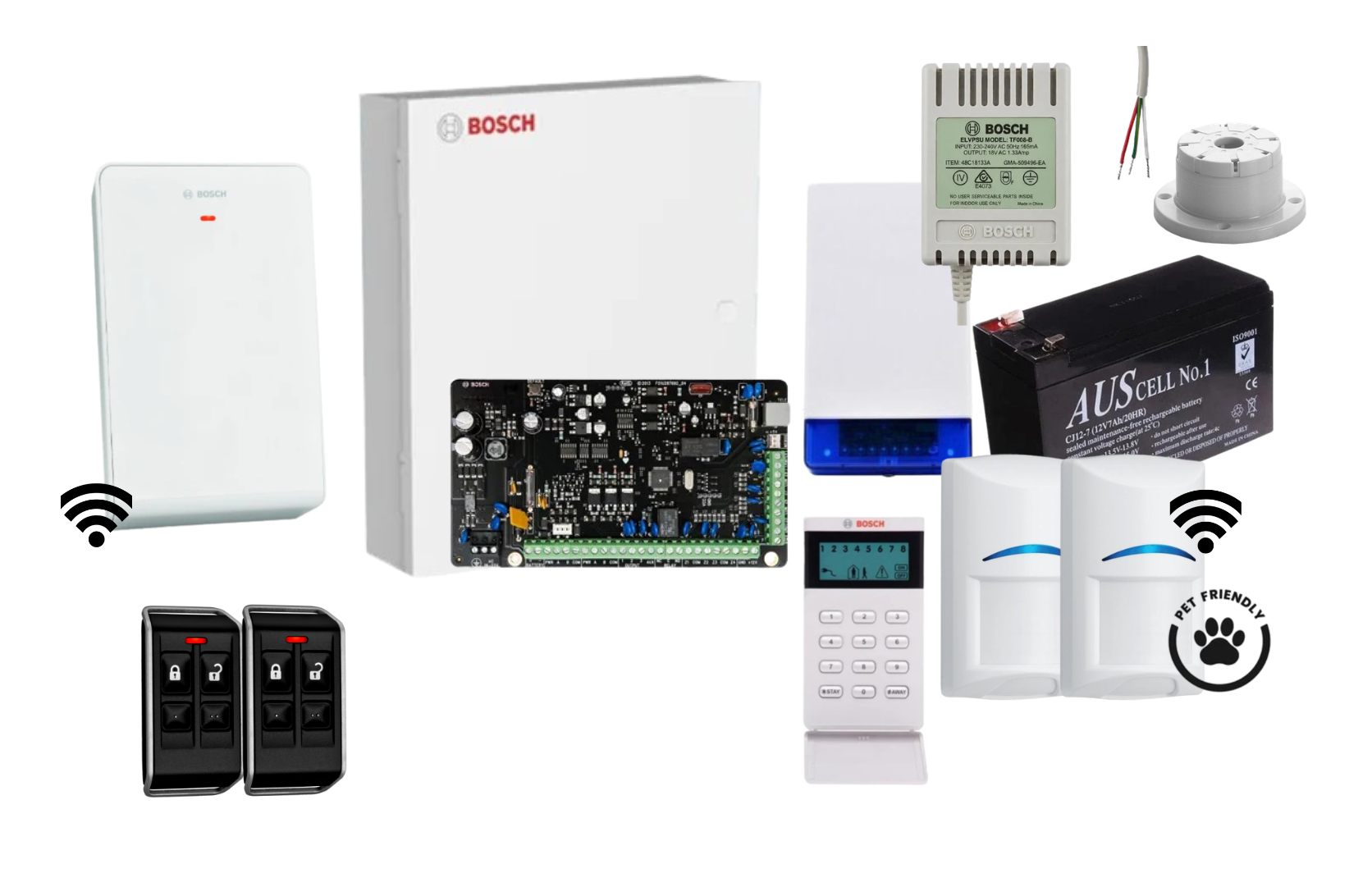 Bosch Solution 3000 Alarm Kit with LCD Icon Keypad, 2 x Wireless Tri-Tech Pet Proof PIRs and Radion Keyfob FS Remotes Product vendor