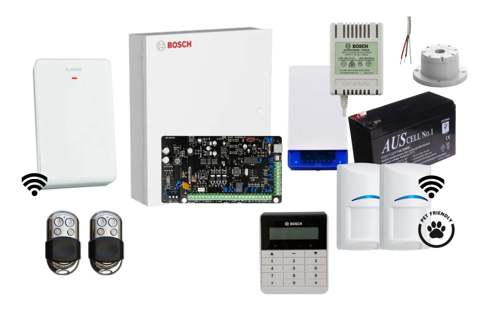 Bosch Solution 3000 Alarm Kit with Text Keypad, 2 x Wireless Tri-Tech Pet Proof PIRs and HCT4UL Remotes Product vendor