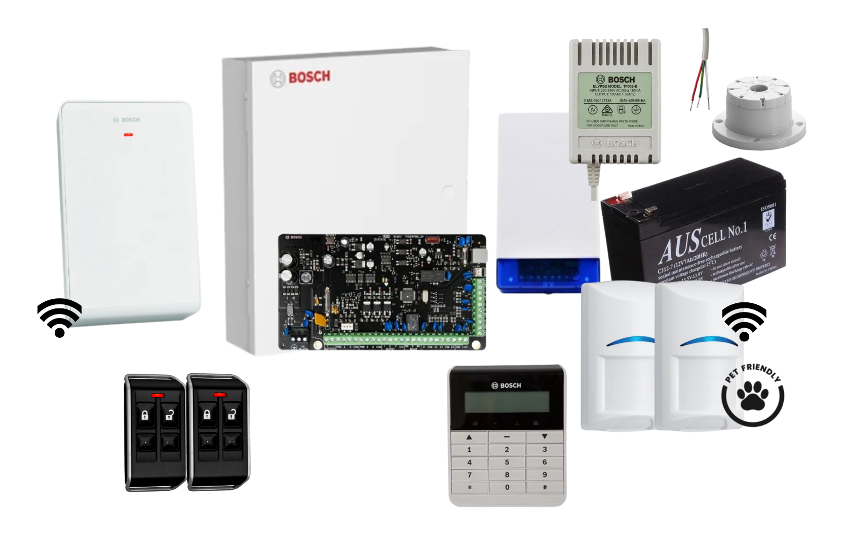 Bosch Solution 3000 Alarm Kit with Text Keypad, 2 x Wireless Tri-Tech Pet Proof PIRs and Radion Keyfob FS Remotes Product vendor