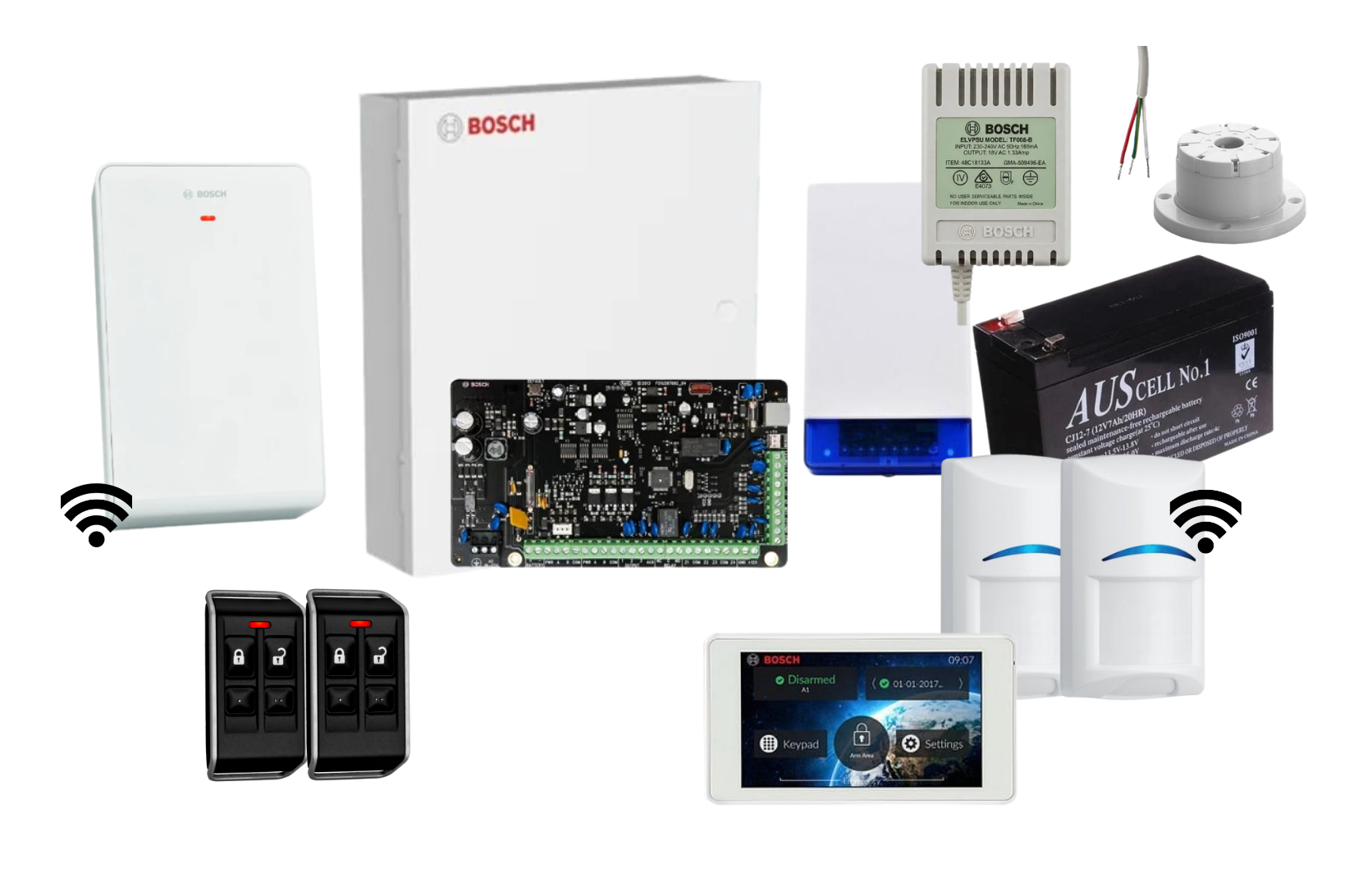 Bosch Solution 3000 Alarm Kit with 5 Touch Screen Keypad, 2 x Wireless PIRs and Radion Keyfob FS Remotes Product vendor
