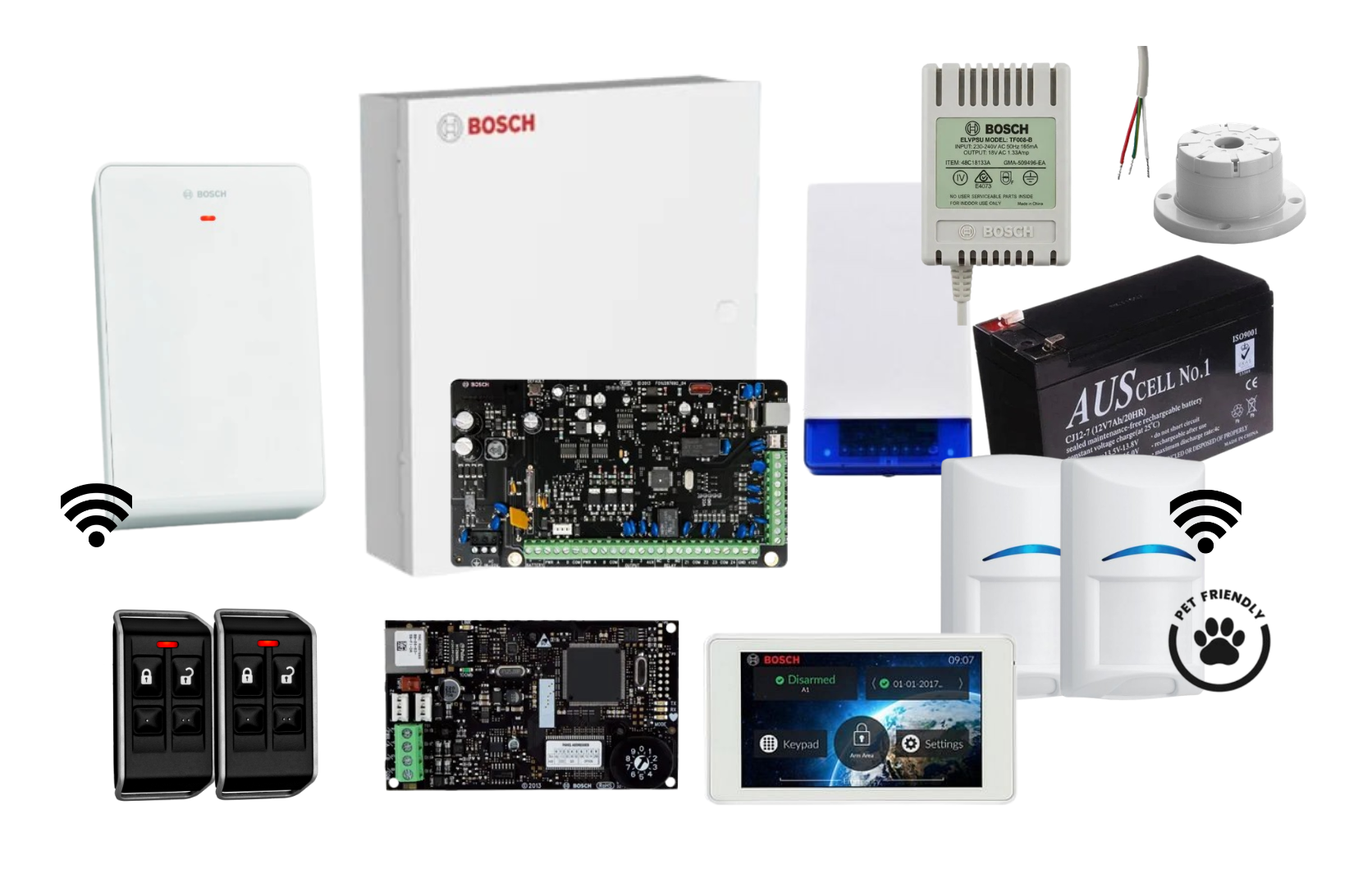 Bosch Solution 3000 IP Alarm Kit with 5 Touch Screen Keypad, 2 x Wireless Tri-Tech Pet Proof PIRs and Radion Keyfob FS Remotes Product vendor