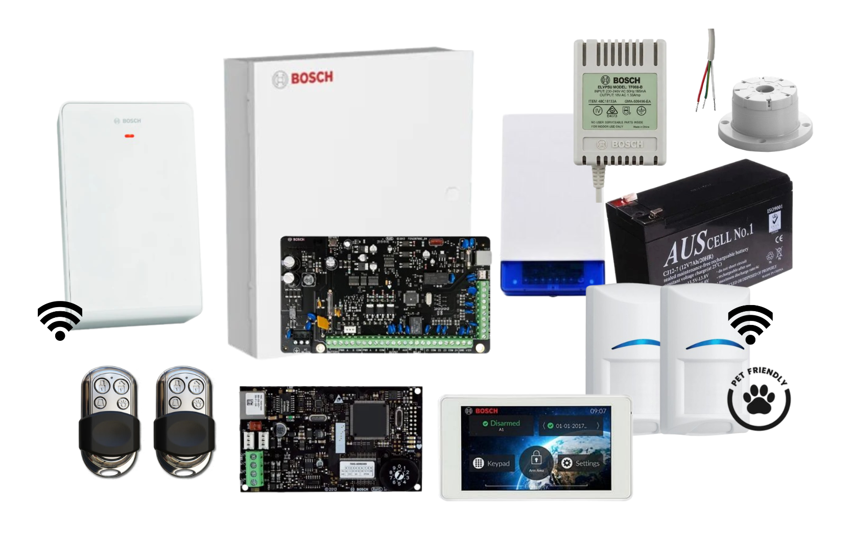 Bosch Solution 3000 IP Alarm Kit with 5 Touch Screen Keypad, 2 x Wireless Tri-Tech Pet Proof PIRs and HCT4UL Remotes Product vendor