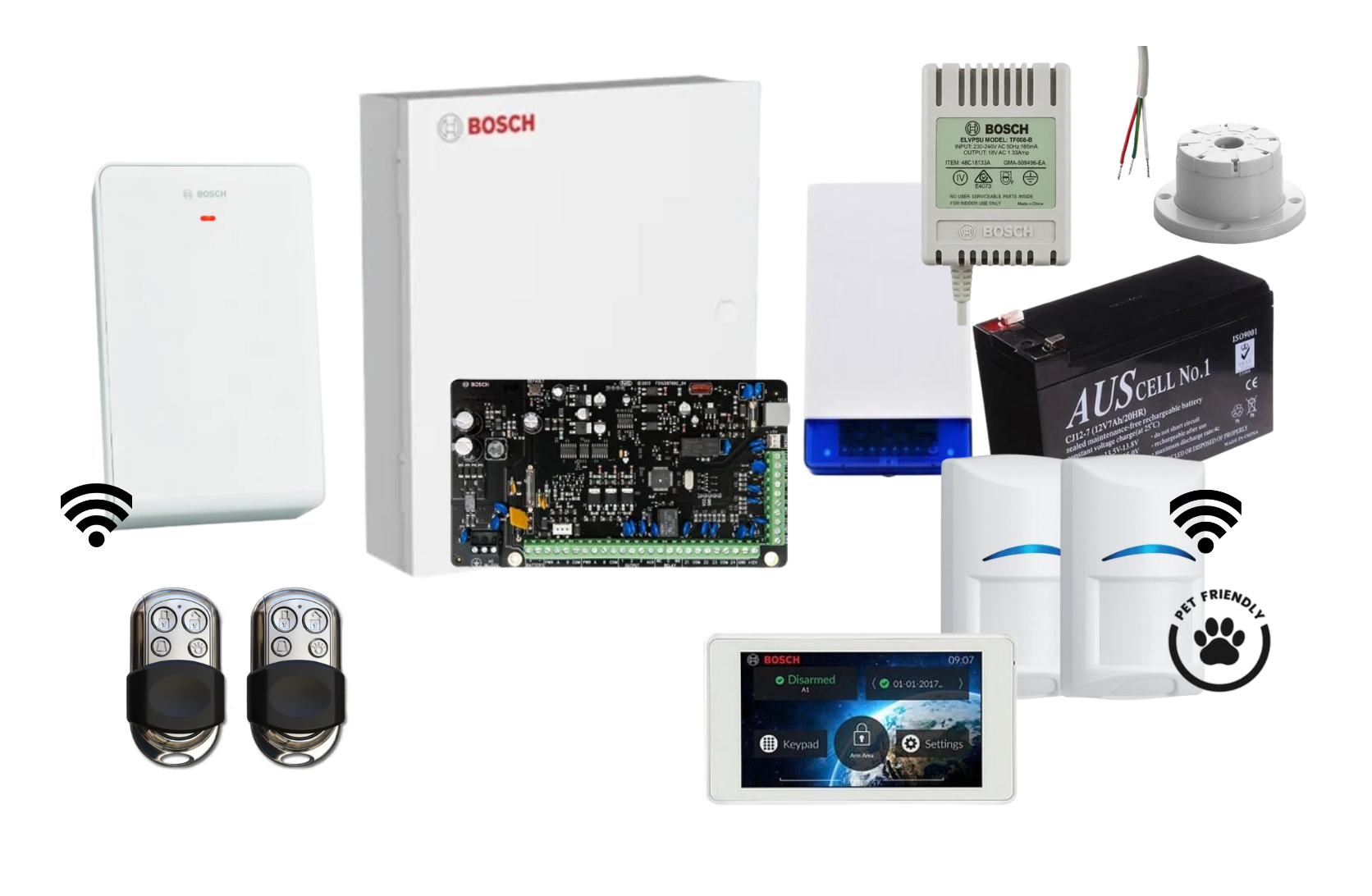 Bosch Solution 3000 Alarm Kit with 5 Touch Screen Keypad, 2 x Wireless Tri-Tech Pet Proof PIRs and HCT4UL Remotes Product vendor