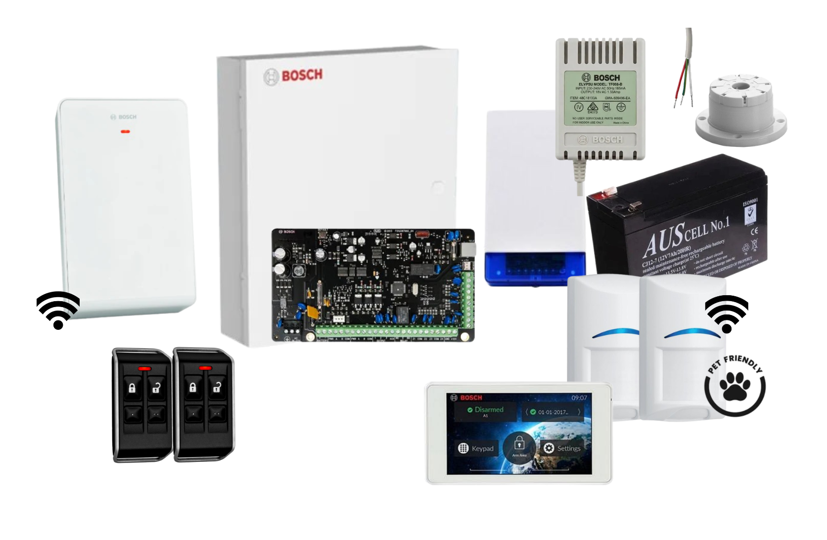 Bosch Solution 3000 Alarm Kit with 5 Touch Screen Keypad, 2 x Wireless Tri-Tech Pet Proof PIRs and Radion Keyfob FS Remotes Product vendor
