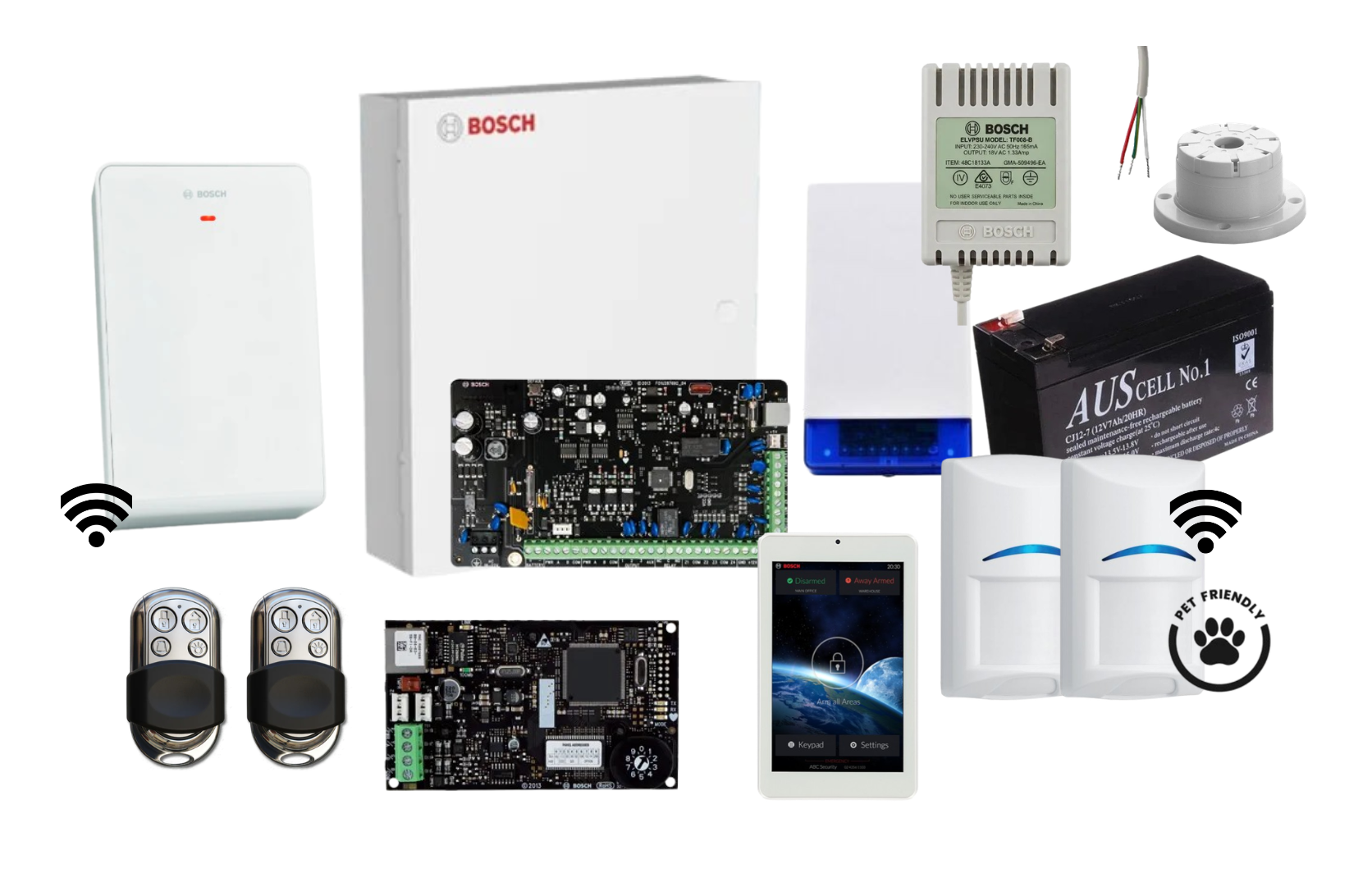 Bosch Solution 3000 IP Alarm Kit with 7 Touch Screen Keypad, 2 x Wireless Tri-Tech Pet Proof PIRs and HCT4UL Remotes Product vendor