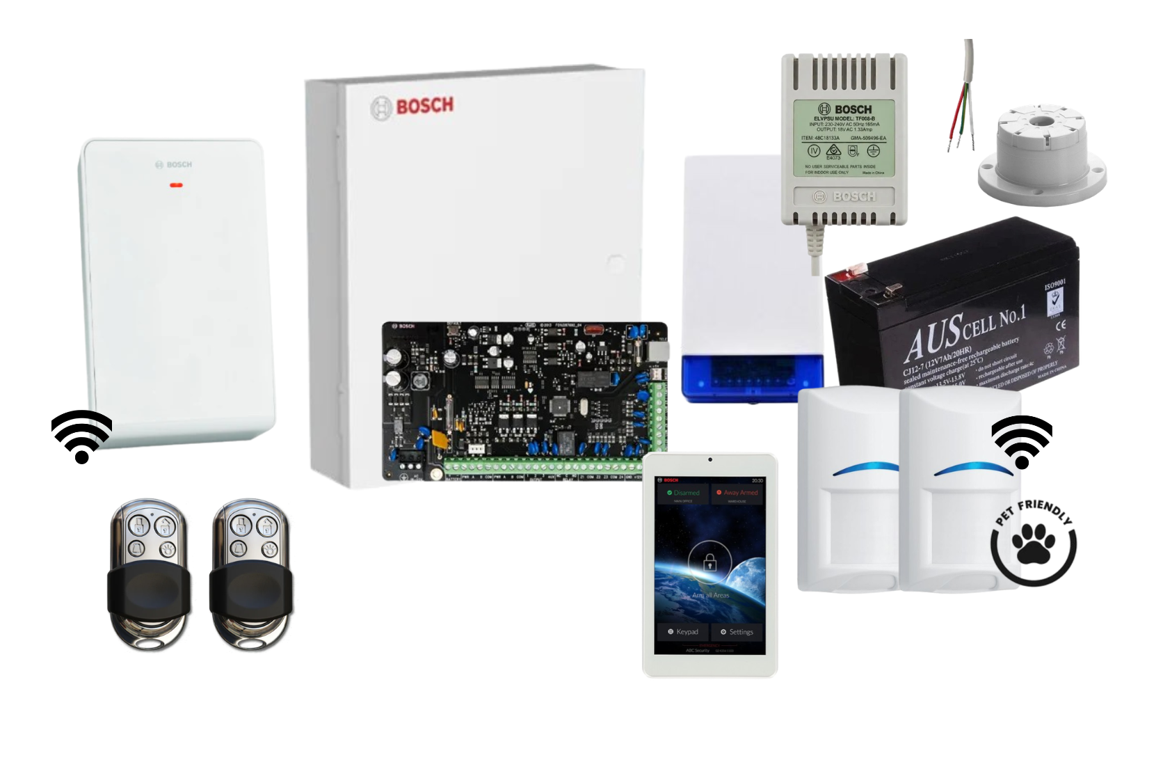 Bosch Solution 3000 Alarm Kit with 7 Touch Screen Keypad, 2 x Wireless Tri-Tech Pet Proof PIRs and HCT4UL Remotes Product vendor