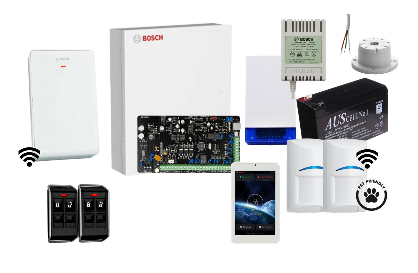 Bosch Solution 3000 Alarm Kit with 7 Touch Screen Keypad, 2 x Wireless Tri-Tech Pet Proof PIRs and Radion Keyfob FS Remotes Product vendor