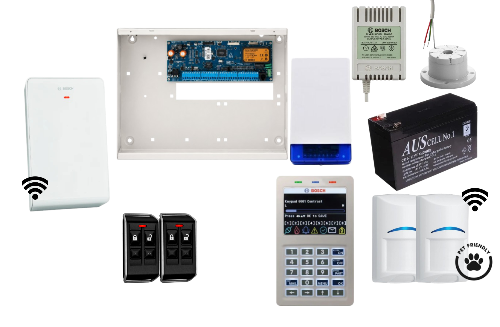 Bosch Solution 6000 Alarm Kit with Smart Keypad, 2 x Wireless Tri-Tech Pet Proof PIRs and Radion Keyfob FS Remotes Product vendor