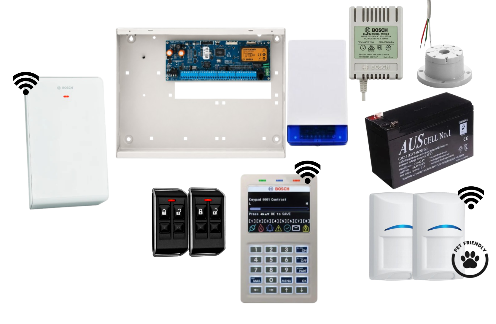 Bosch Solution 6000 Alarm Kit with WiFi Keypad, 2 x Wireless Tri-Tech Pet Proof PIRs and Radion Keyfob FS Remotes Product vendor
