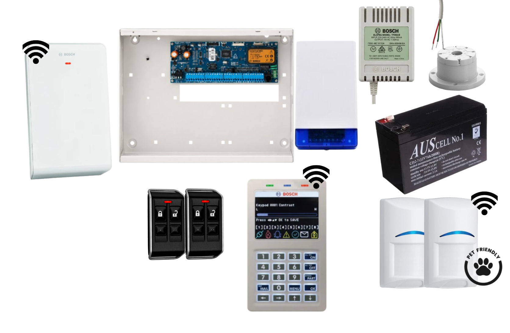Bosch Solution 6000 IP Alarm Kit with WiFi Keypad, 2 x Wireless Tri-Tech Pet Proof PIRs and Radion Keyfob FS Remotes Product vendor