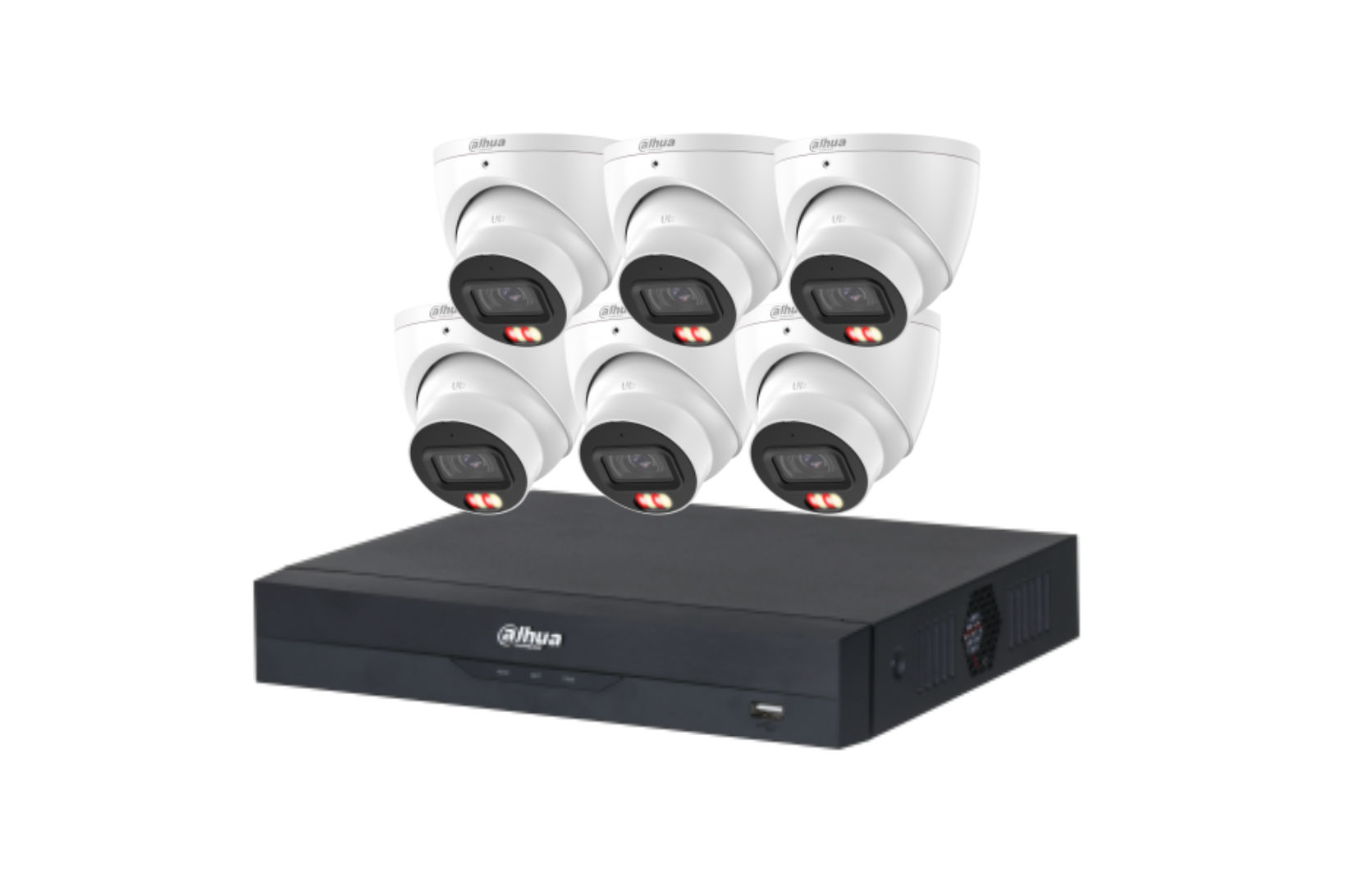 Dahua 8 MP + 8 Channels Kit: 24/7 Full Color 6 x 8MP Smart Dual Light Fixed-focal Eyeball WizSense Network Camera, AI NVR